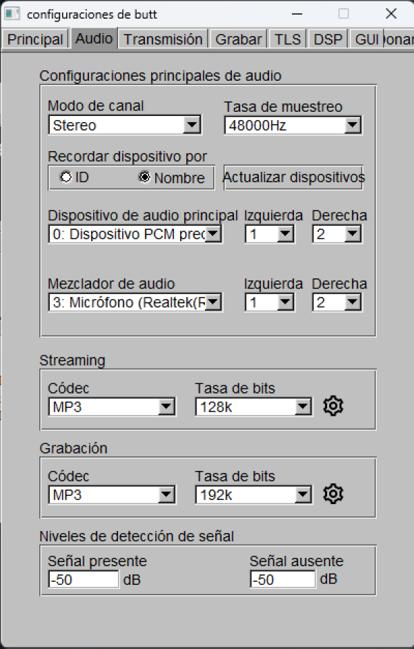 Captura de configuración de BUTT donde se puede observar dos posibles canales de origen de audio