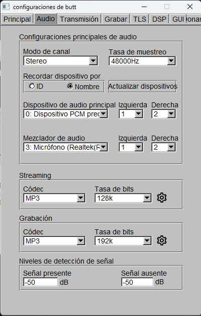 Captura de configuraci&oacute;n de BUTT donde se puede observar dos posibles canales de origen de audio